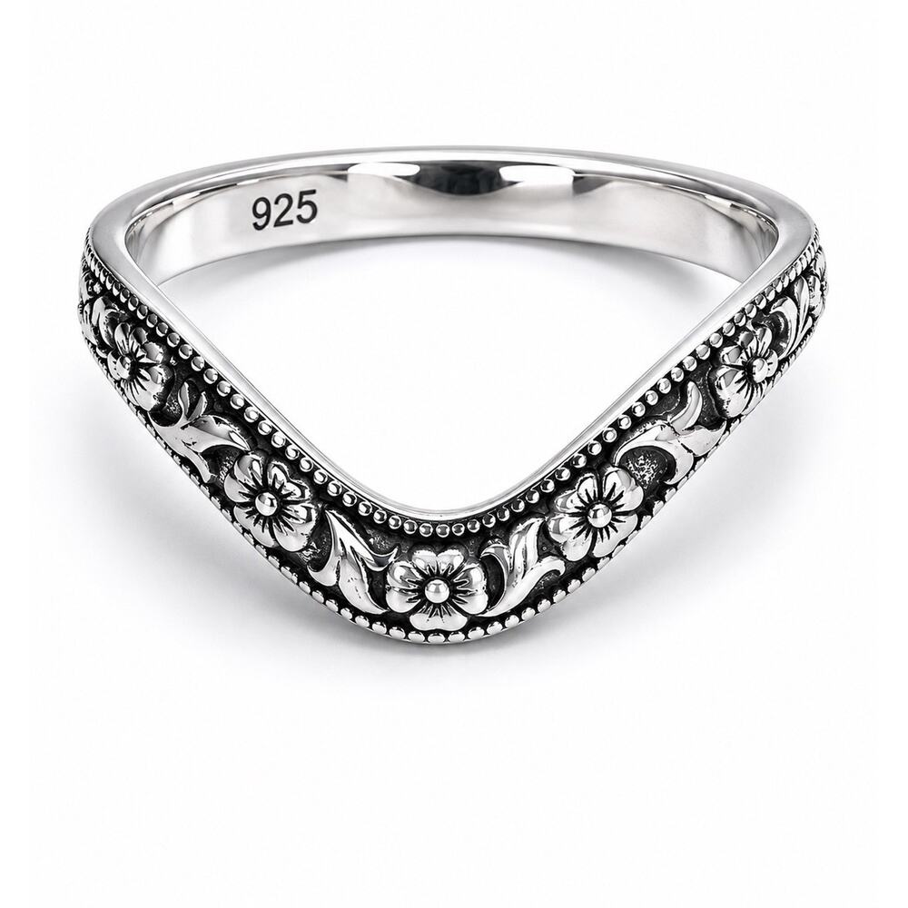 Sterling Silver Chevron Floral Ring Size 6 Curved V Band Wedding Stacker Boho